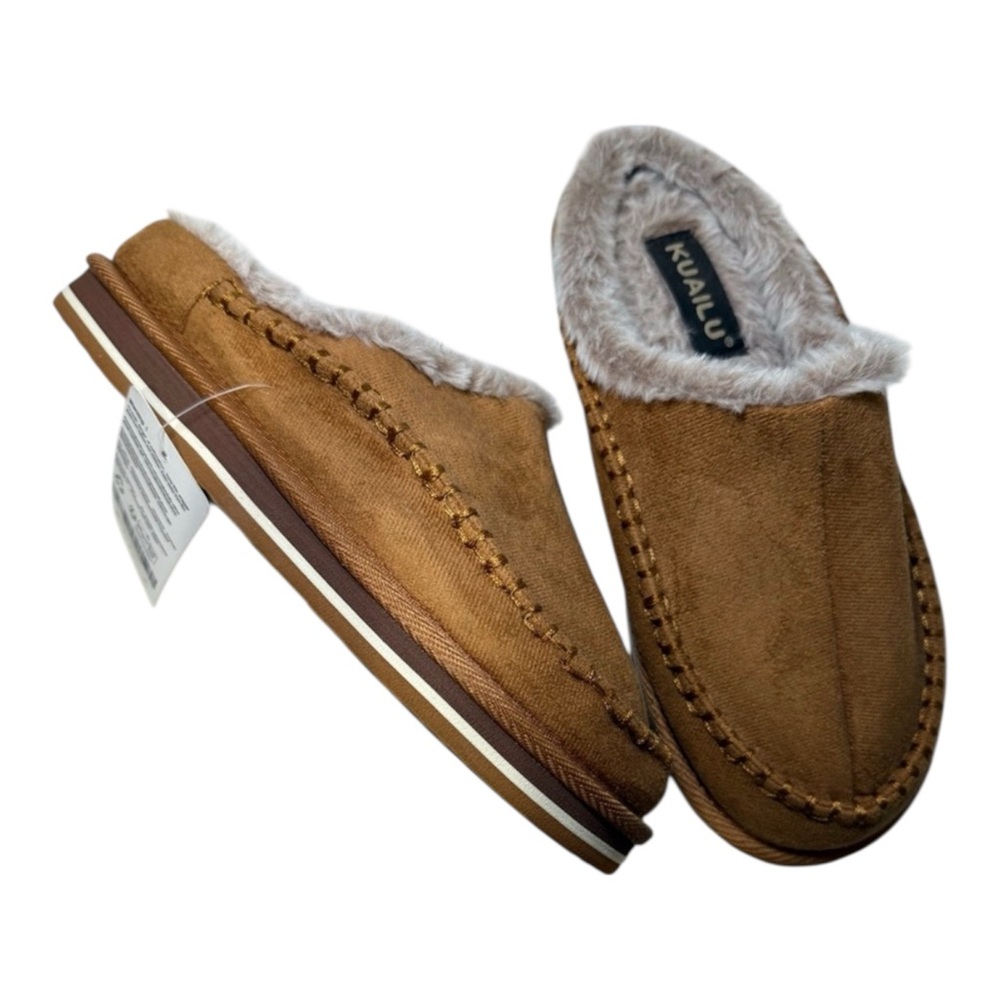 KuaiLu Mens Slippers Size 7 Brown Faux Suede Memory Foam House Shoes